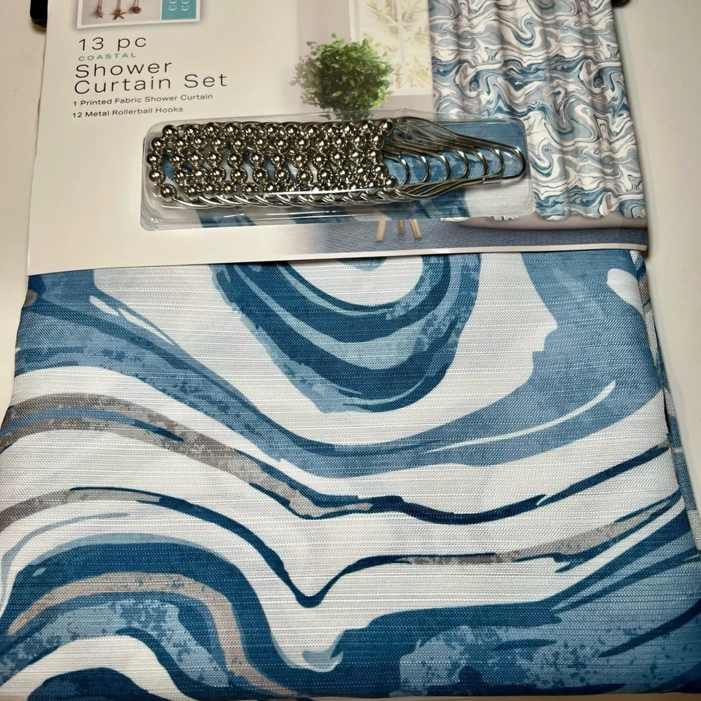Blue Ocean Tide Fabric Shower Curtain Roller Hooks Marble Coastal